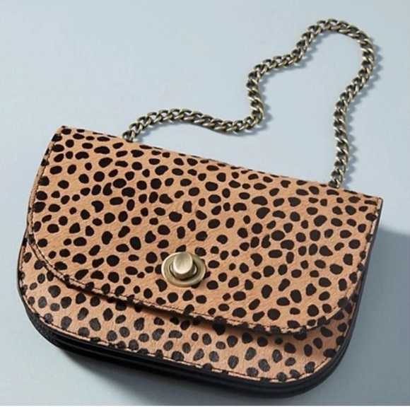 Anthropologie Handbags - Anthropologie crossbody leather leopard print calf hair flap chain link strap